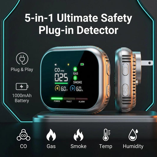 5-in-1 Plug-In Carbon Monoxide, Smoke & Combustible Gas Detector | 1000mAh Battery | Rotating IPS Display