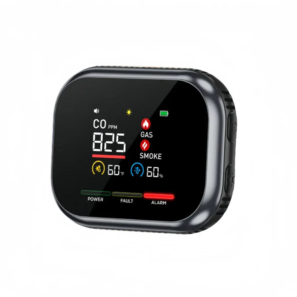 5-in-1 Plug-In Carbon Monoxide, Smoke & Combustible Gas Detector | 1000mAh Battery | Rotating IPS Display - Black