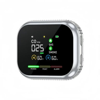 5-in-1 Plug-In Carbon Monoxide, Smoke & Combustible Gas Detector | 1000mAh Battery | Rotating IPS Display - White