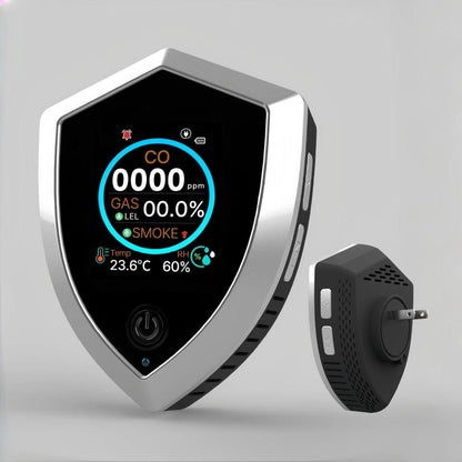 5-in-1 Plug-in Detector: Smoke, CO, Combustible Gas, Temp & Humidity - Sliver