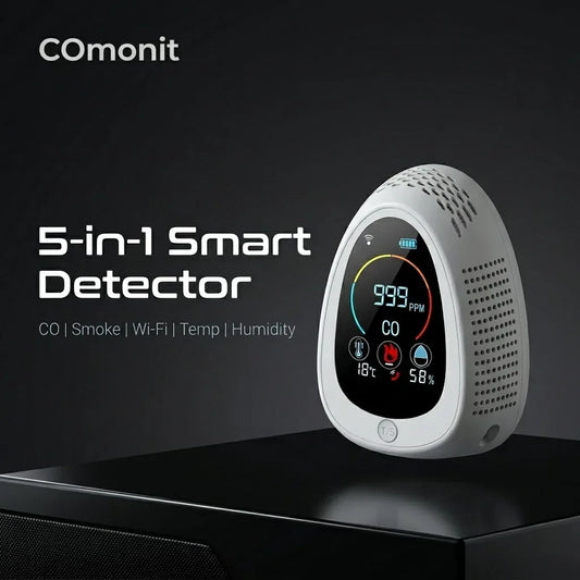 Smart 5-in-1 Carbon Monoxide & Smoke Detector, Wi-Fi Alarm with Temp & Humidity Monitor
