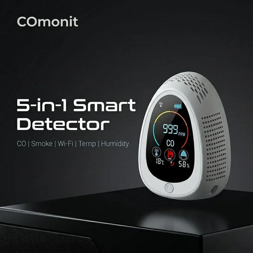 Smart 5-in-1 Carbon Monoxide & Smoke Detector, Wi-Fi Alarm with Temp & Humidity Monitor